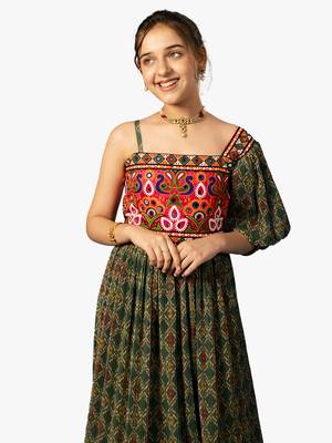 girl's one shoulder green navratri dress 4