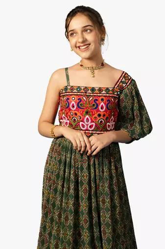 girl's one shoulder green navratri dress