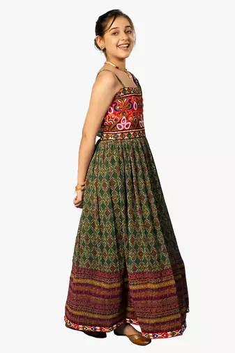 girl's one shoulder green navratri dress