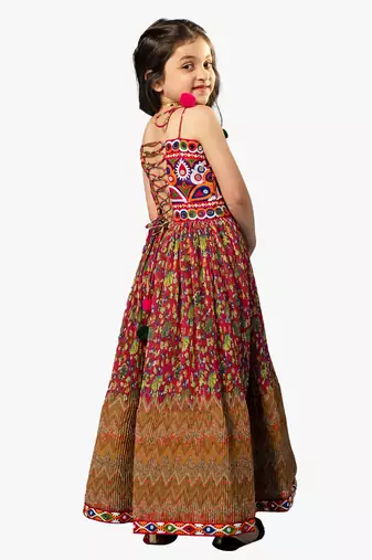 girl's shoulder straps pink navratri dress