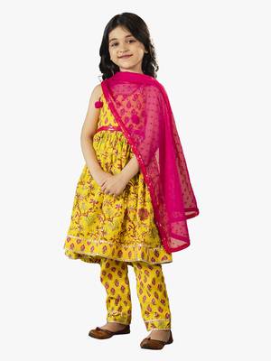 girl's jaipuri printed kurta with pant and dupatta (set of 3) 1
