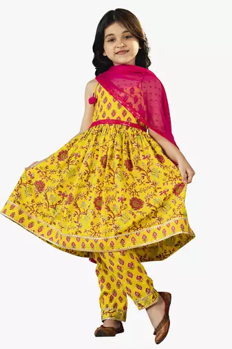 girl's jaipuri printed kurta with pant and dupatta (set of 3)