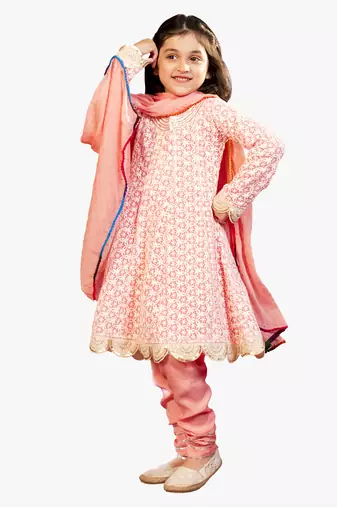 Jilmil girl's neon pink chikankari suit (set of 3)