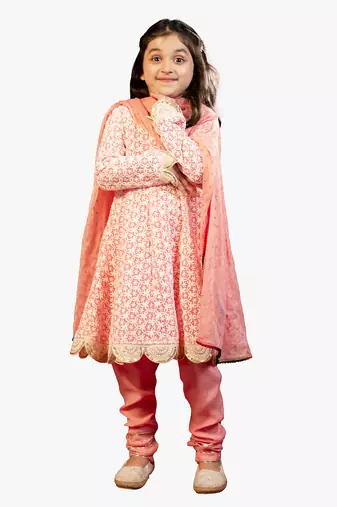 Jilmil girl's neon pink chikankari suit (set of 3)