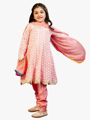Jilmil girl's neon pink chikankari suit (set of 3) 4