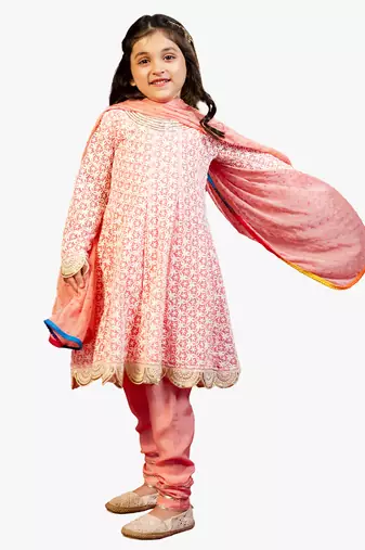 Jilmil girl's neon pink chikankari suit (set of 3)