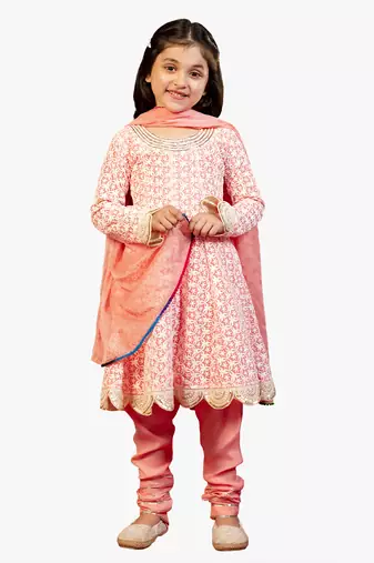 Jilmil girl's neon pink chikankari suit (set of 3)