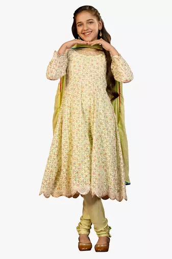 Jilmil girl's light green chikankari suit (set of 3)