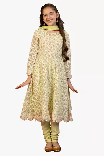 Jilmil girl's light green chikankari suit (set of 3)