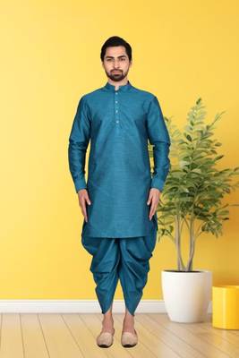 Blue plain dupion silk full sleeve kurta and dhoti set for men 1