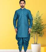 Blue plain dupion silk full sleeve kurta and dhoti set for men