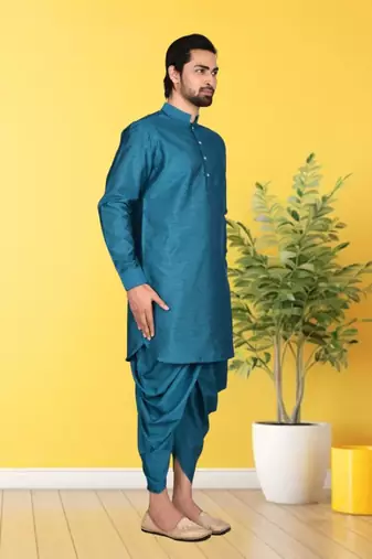 Blue plain dupion silk full sleeve kurta and dhoti set for men