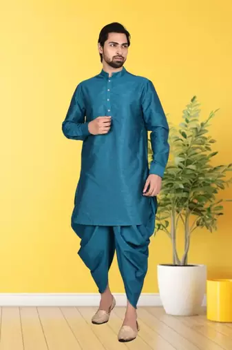 Blue plain dupion silk full sleeve kurta and dhoti set for men