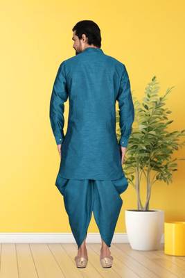Blue plain dupion silk full sleeve kurta and dhoti set for men 4