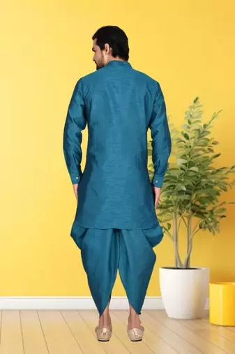Blue plain dupion silk full sleeve kurta and dhoti set for men