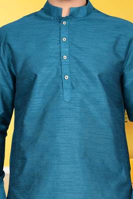 Blue plain dupion silk full sleeve kurta and dhoti set for men 5