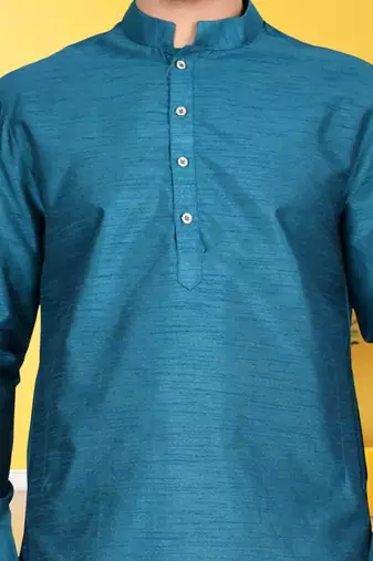Blue plain dupion silk full sleeve kurta and dhoti set for men
