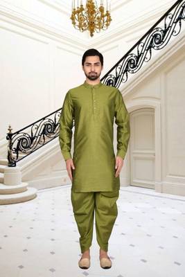 Olive green plain dupion silk full sleeve kurta and dhoti set for men 1