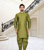 Olive green plain dupion silk full sleeve kurta and dhoti set for men