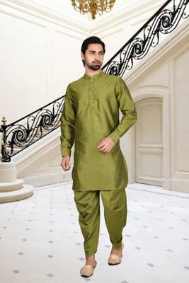 Olive green plain dupion silk full sleeve kurta and dhoti set for men 2
