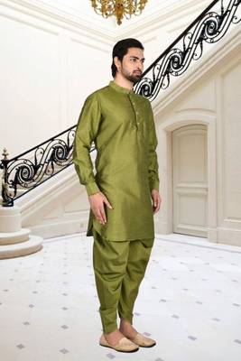 Olive green plain dupion silk full sleeve kurta and dhoti set for men 3