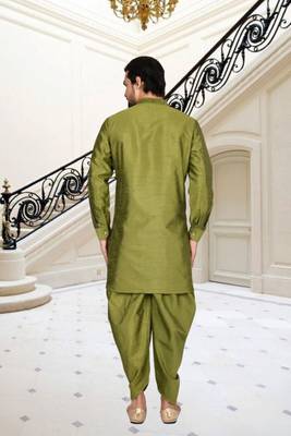Olive green plain dupion silk full sleeve kurta and dhoti set for men 4