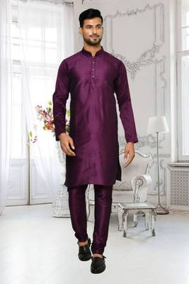 Purple dupion silk plain full sleeve kurta and churidar set for men 1