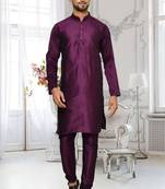 Purple dupion silk plain full sleeve kurta and churidar set for men