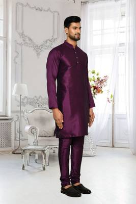 Purple dupion silk plain full sleeve kurta and churidar set for men 2