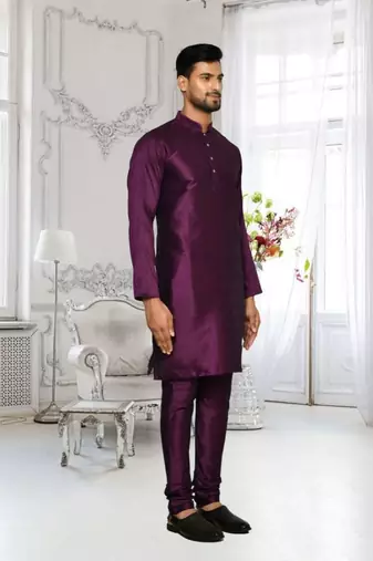Purple dupion silk plain full sleeve kurta and churidar set for men