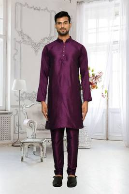 Purple dupion silk plain full sleeve kurta and churidar set for men 3