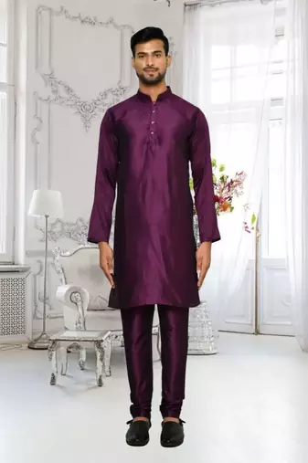 Purple dupion silk plain full sleeve kurta and churidar set for men