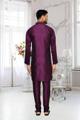 Purple dupion silk plain full sleeve kurta and churidar set for men 4