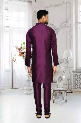 Purple dupion silk plain full sleeve kurta and churidar set for men