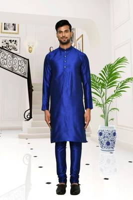 Blue dupion silk plain full sleeve kurta and churidar set for men 1