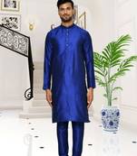 Blue dupion silk plain full sleeve kurta and churidar set for men