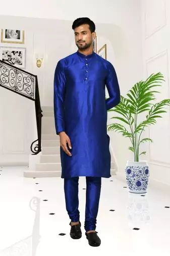 Blue dupion silk plain full sleeve kurta and churidar set for men