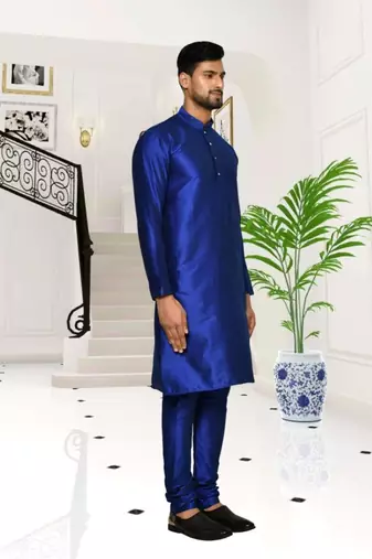 Blue dupion silk plain full sleeve kurta and churidar set for men