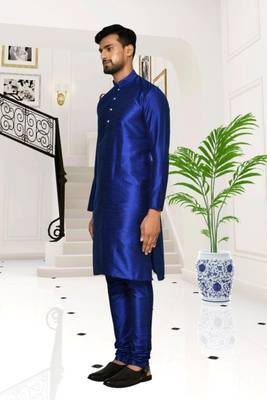 Blue dupion silk plain full sleeve kurta and churidar set for men 4