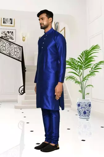 Blue dupion silk plain full sleeve kurta and churidar set for men