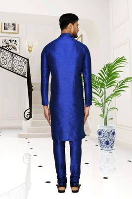 Blue dupion silk plain full sleeve kurta and churidar set for men 5