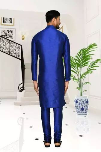 Blue dupion silk plain full sleeve kurta and churidar set for men