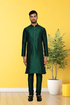 Green dupion silk plain full sleeve kurta and churidar set for men 1