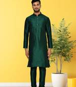 Green dupion silk plain full sleeve kurta and churidar set for men