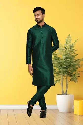 Green dupion silk plain full sleeve kurta and churidar set for men