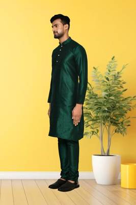 Green dupion silk plain full sleeve kurta and churidar set for men 3
