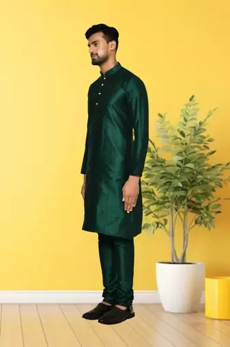 Green dupion silk plain full sleeve kurta and churidar set for men