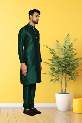 Green dupion silk plain full sleeve kurta and churidar set for men 4