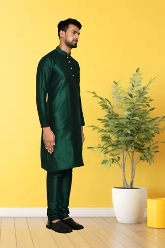 Green dupion silk plain full sleeve kurta and churidar set for men