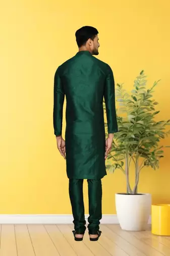 Green dupion silk plain full sleeve kurta and churidar set for men
